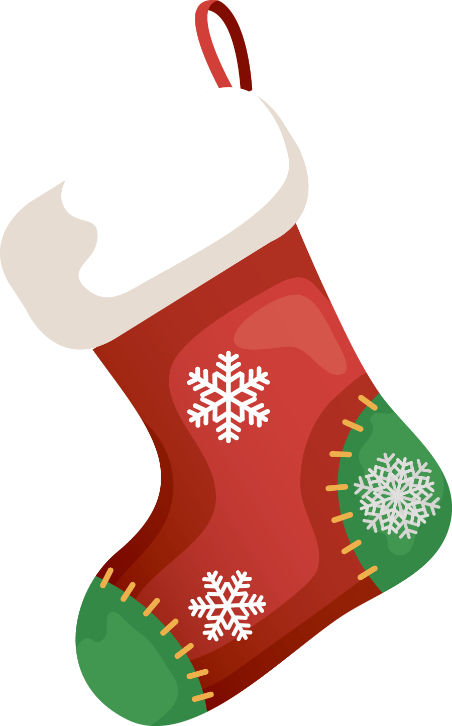 A festive red Christmas stocking with a white cuff, green heel/toe, and white snowflakes.
