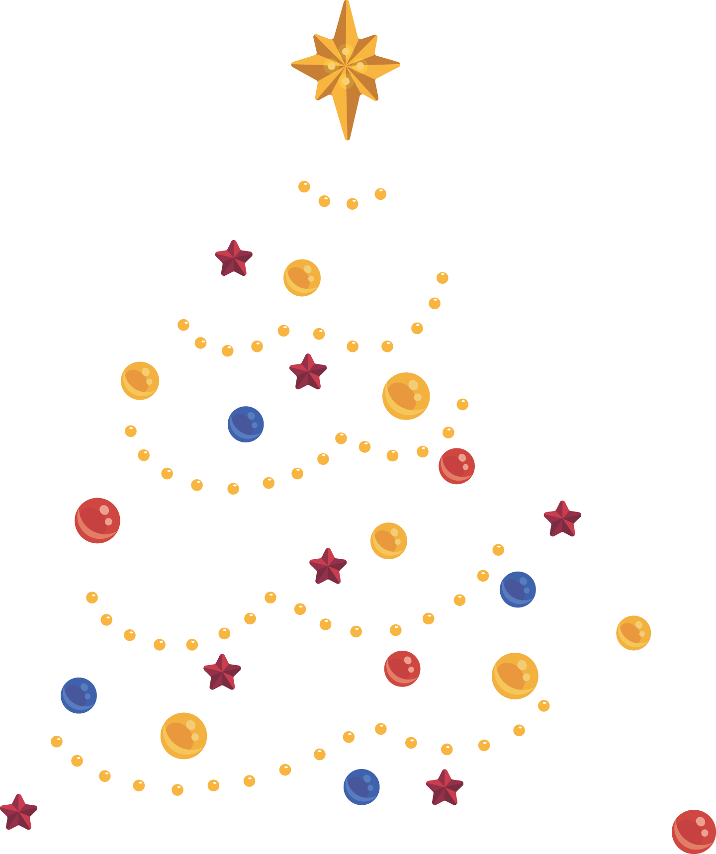 A festive Christmas tree outline with a golden star, colorful ornaments, lights, and snowflakes on a green background.