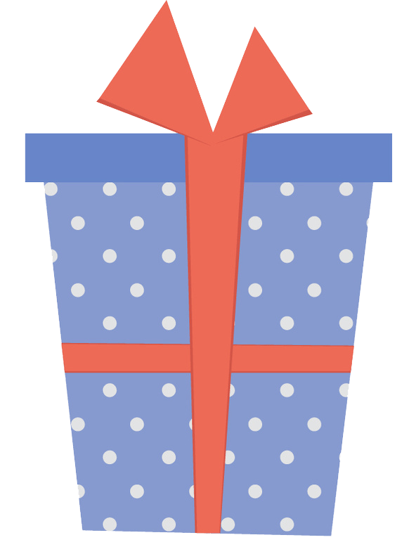 Blue polka dot gift box with red bow.