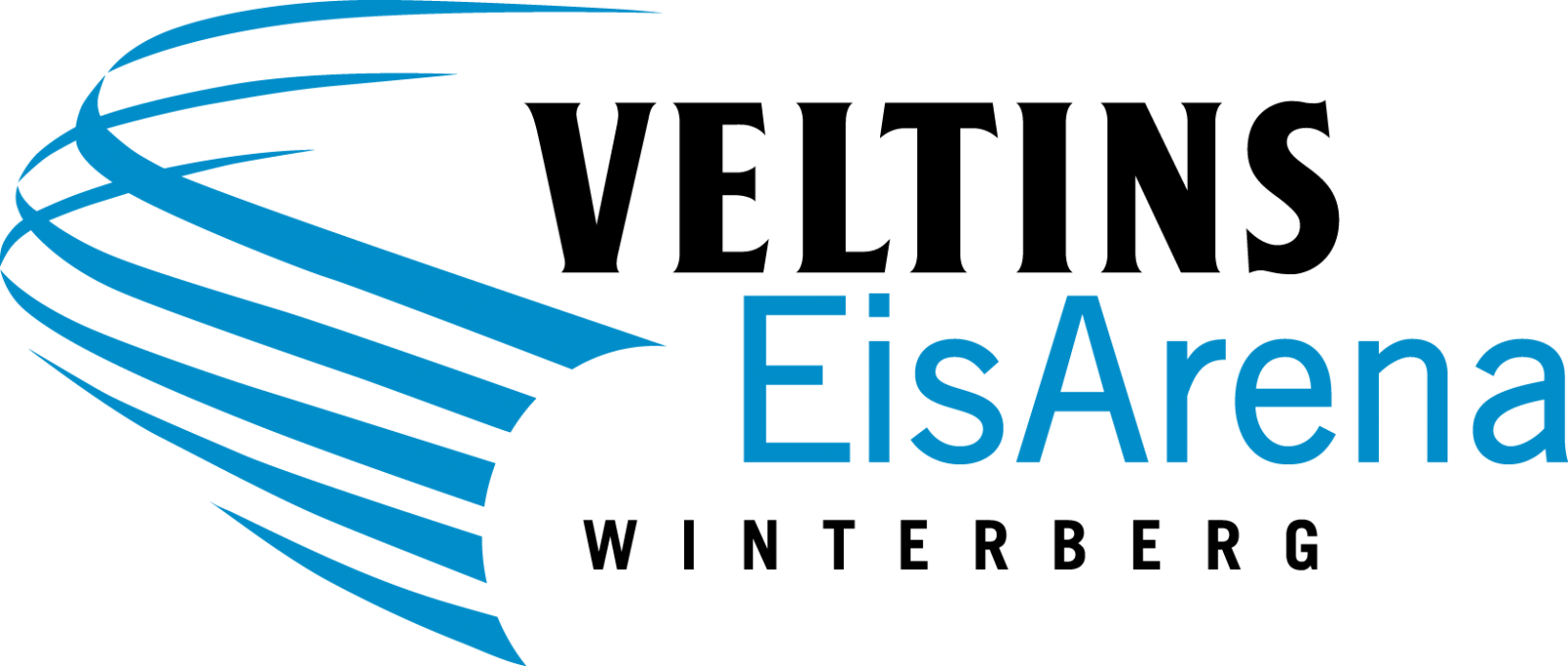 Logo for VELTINS EisArena WINTERBERG, featuring blue curved lines on a dark green background.