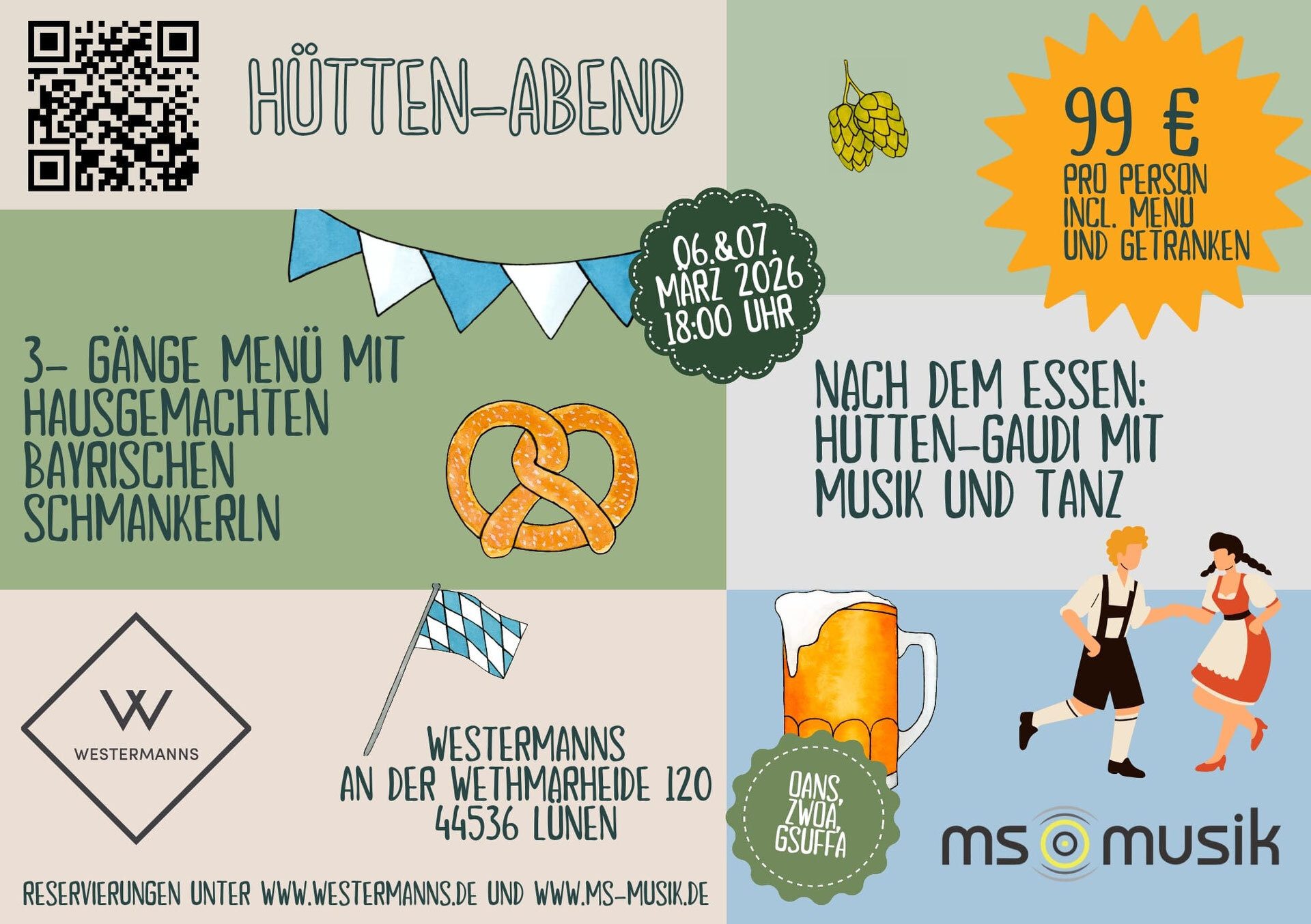 Poster for a German "Hütten-Abend" event: 3-course Bavarian menu, music, dance, 99€, March 2026.