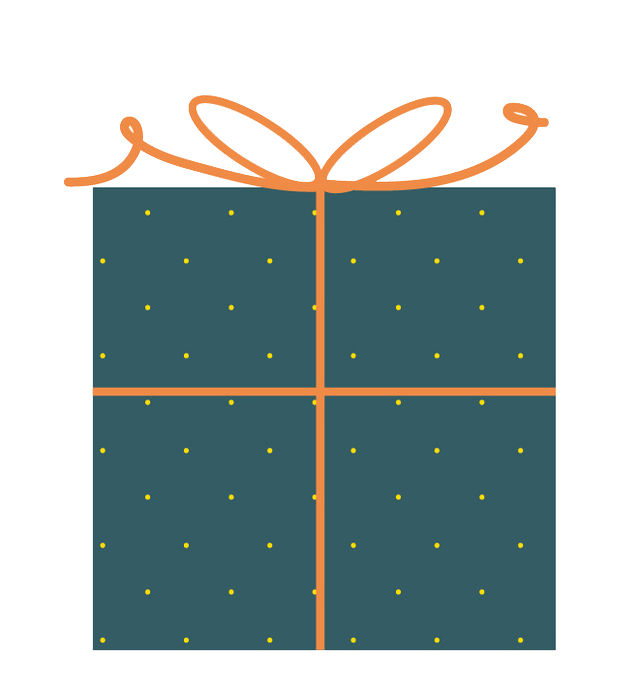 A dark teal gift box with yellow polka dots and an orange ribbon bow.