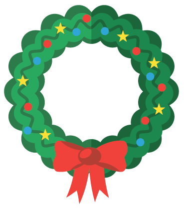 A stylized green Christmas wreath with red and blue ornaments, yellow stars, and a red bow.