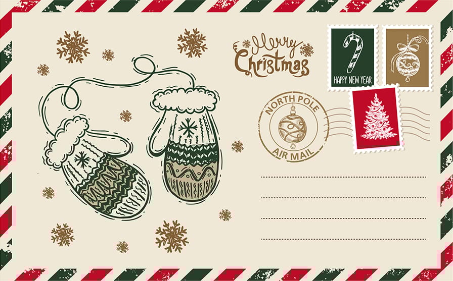 Grungy Christmas postcard with mittens, "Merry Christmas" text, snowflakes, and festive stamps.