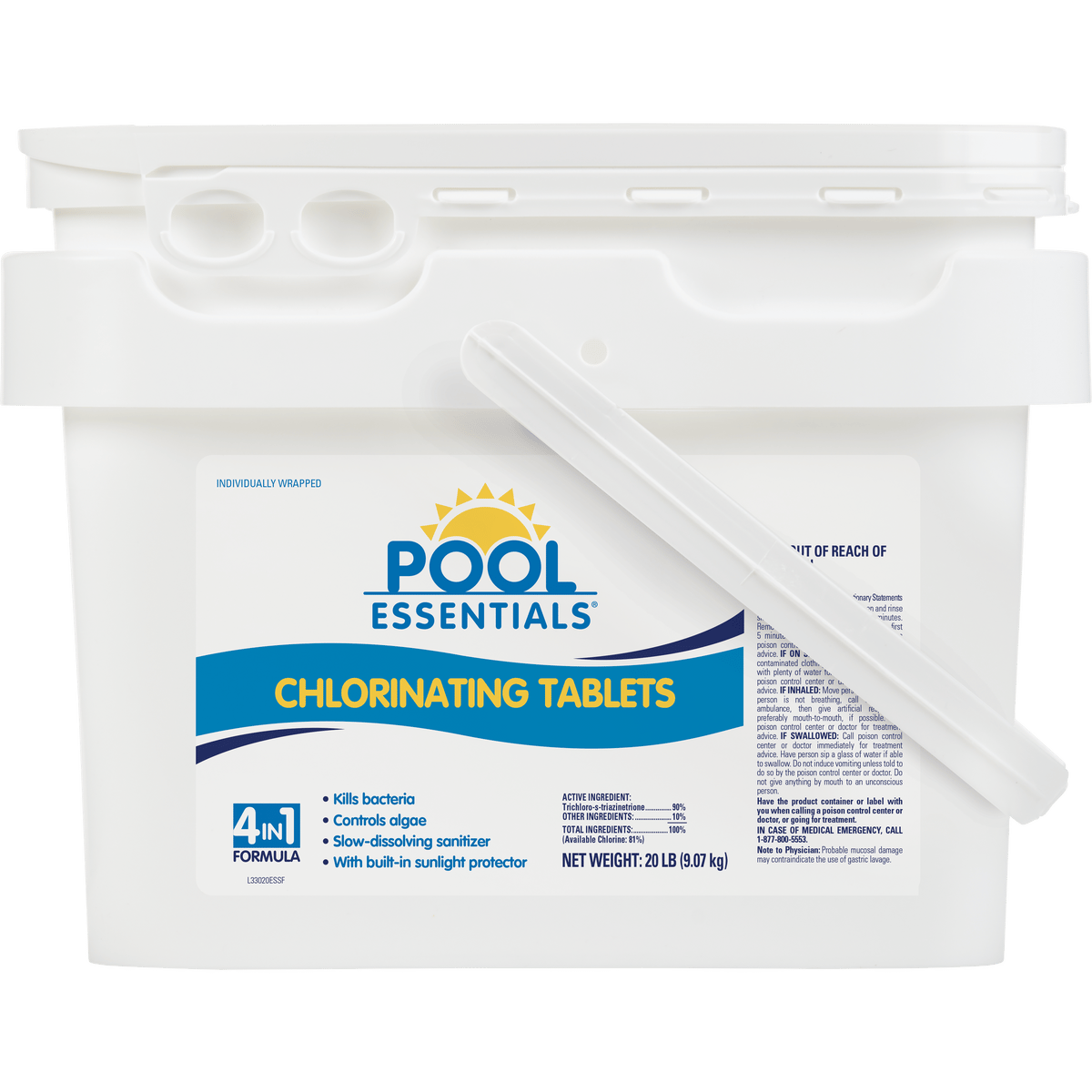 A white bucket of Pool Essentials Chlorinating Tablets, a 4-in-1 formula for pools.