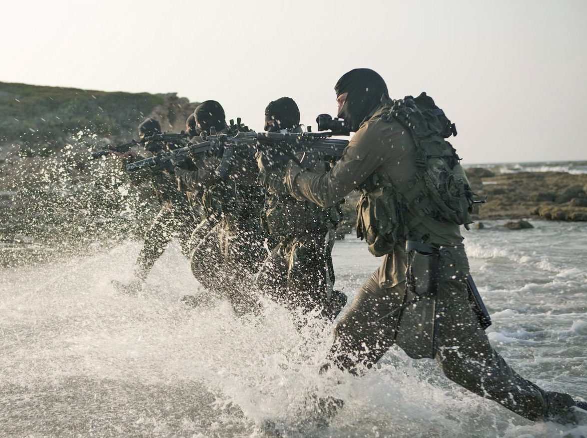 Cargo pants, Military camouflage, Squad, Water, Sky, Marines, Gesture