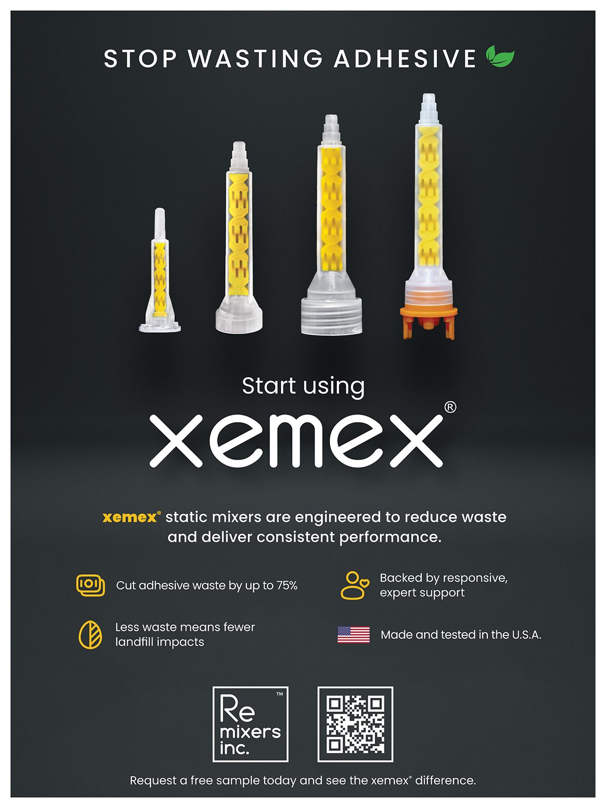 Four xemex static mixers with text about reducing adhesive waste up to 75%.