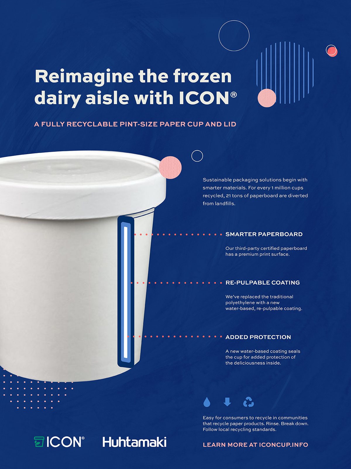ICON® fully recyclable pint-size paper cup and lid for frozen dairy, promoting sustainability.