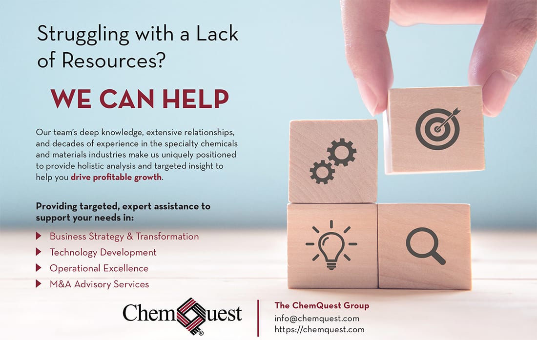 ChemQuest ad offering help with resources & strategy, features symbolic blocks.