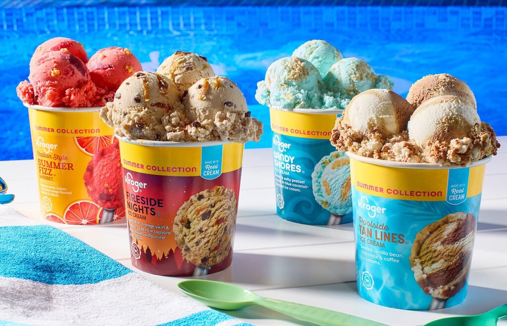 Four Kroger Summer Collection ice cream/sherbet tubs with scoops by a pool.