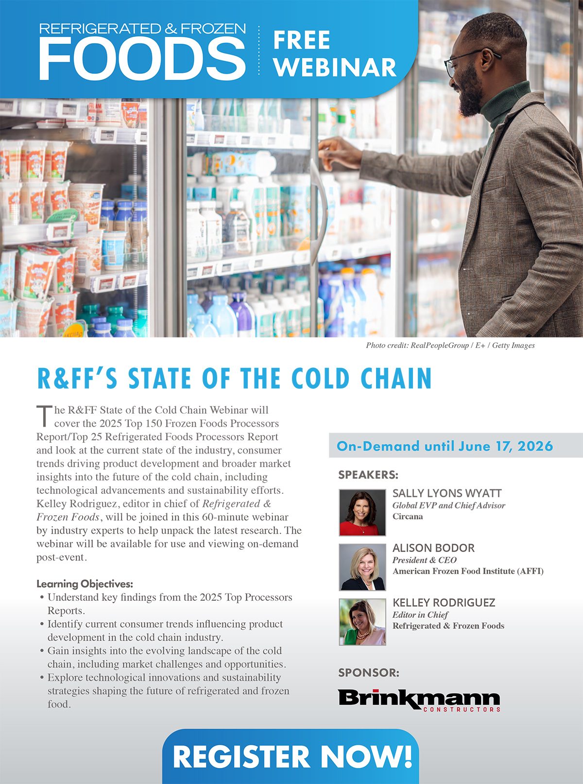 Advertisement for a free webinar on refrigerated & frozen foods, showing a man opening a store fridge.