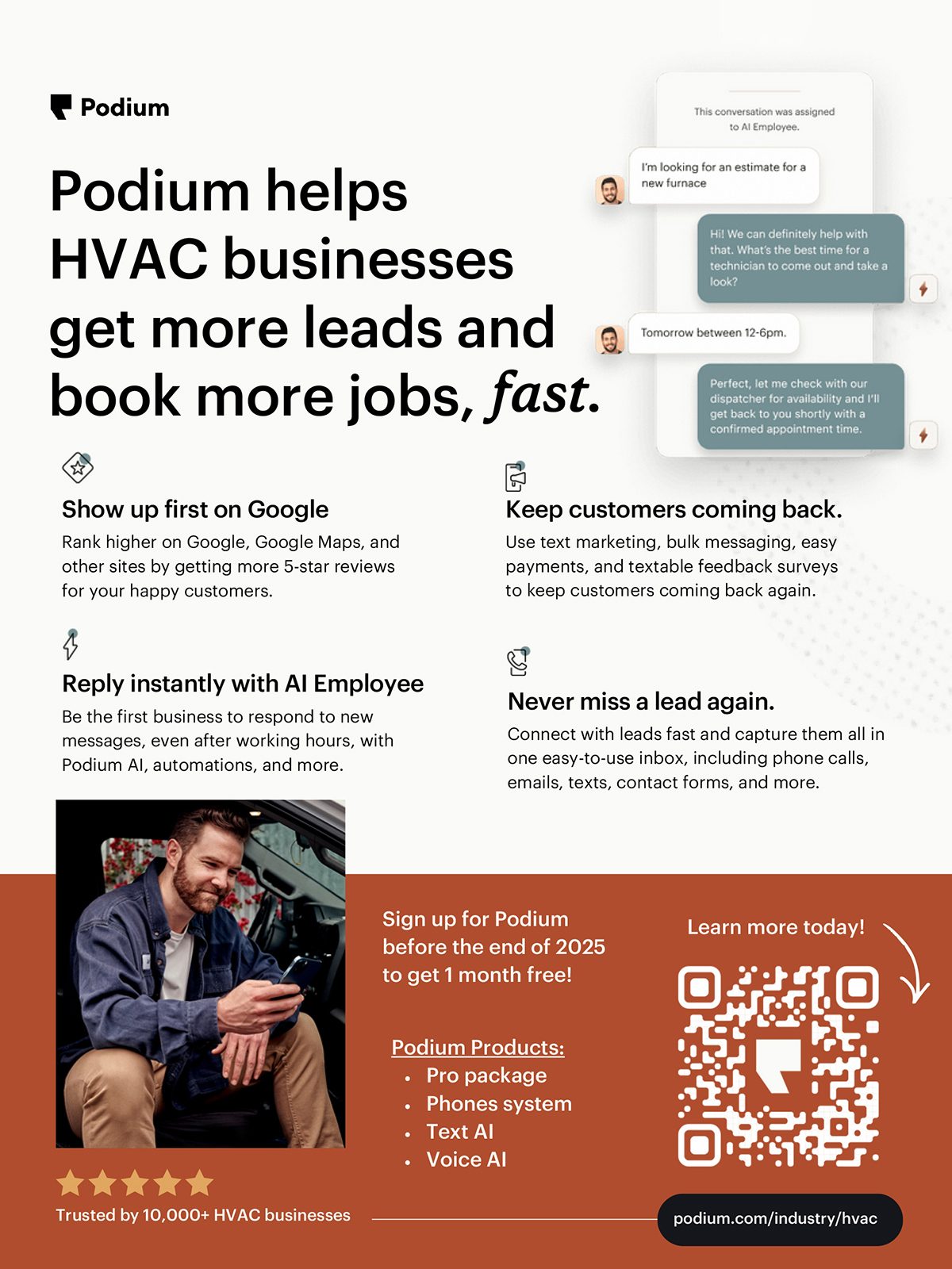 Podium: AI tools help HVAC businesses get leads, book jobs, and manage customers.