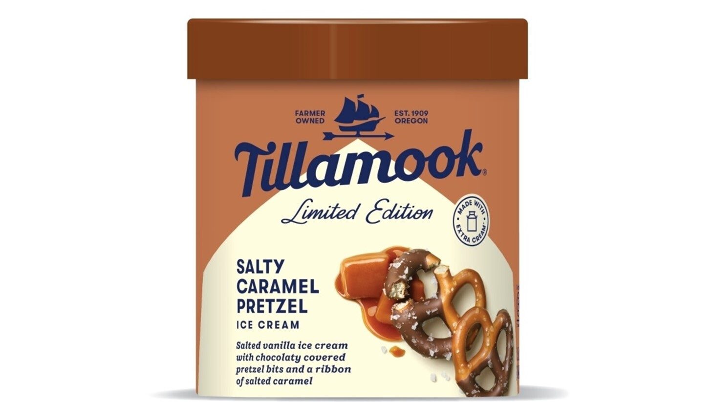 Tillamook Limited Edition Salty Caramel Pretzel ice cream carton.
