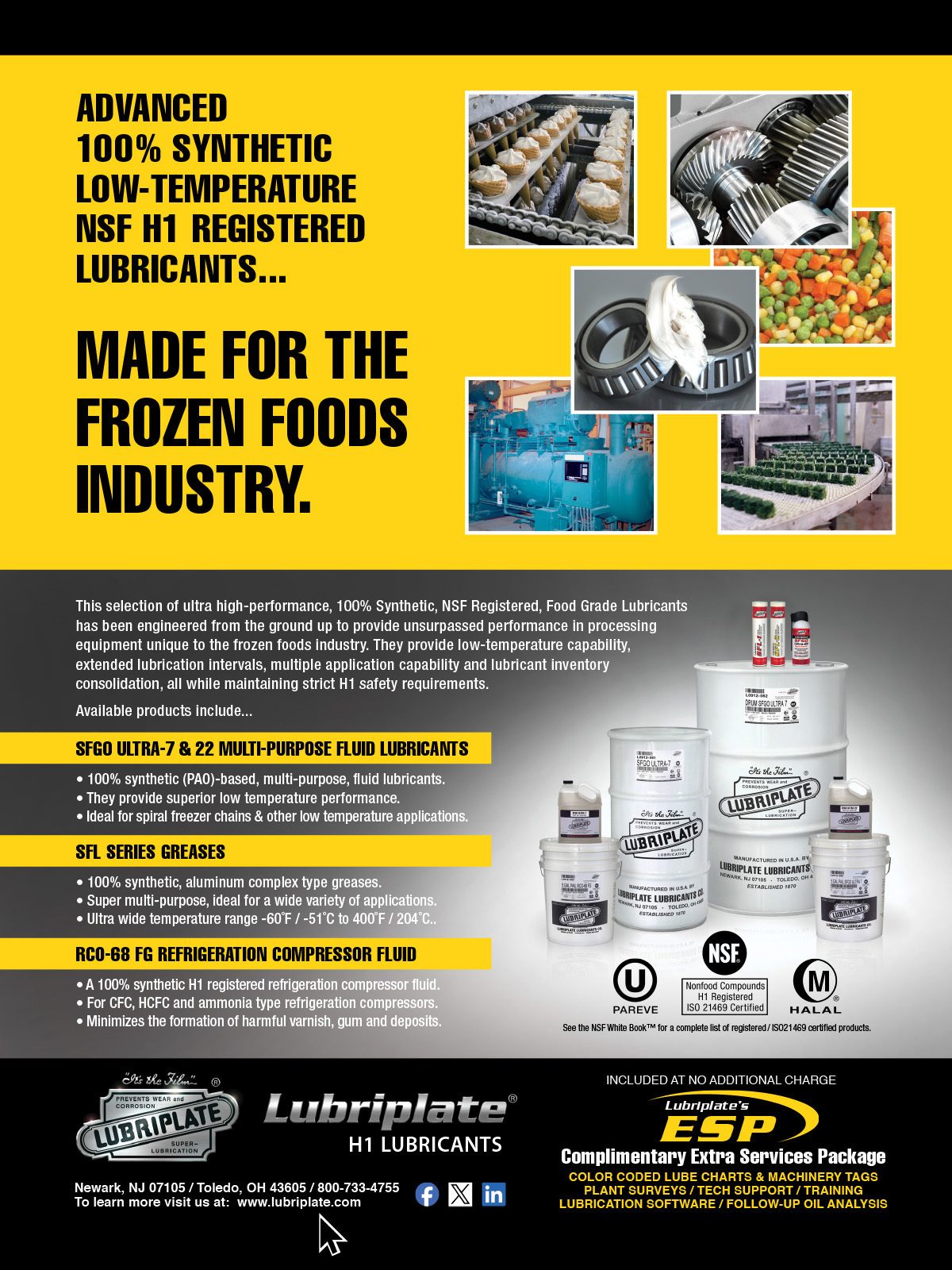 Advertisement for Lubriplate H1 lubricants for the frozen foods industry, with product images.