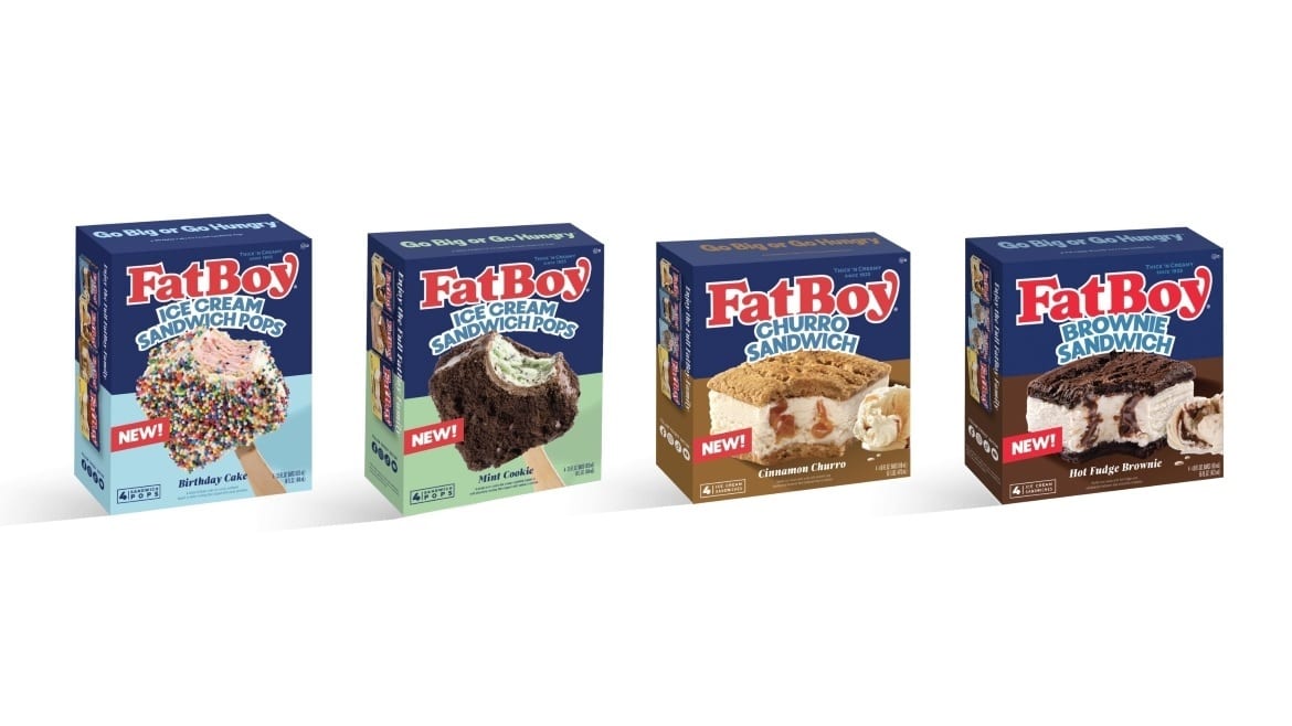 Four new FatBoy ice cream boxes: pops, churro, and brownie sandwiches.