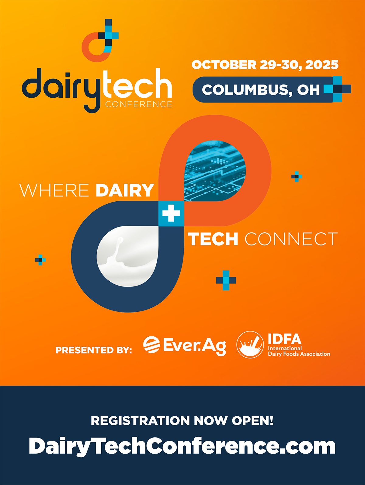 Poster for DairyTech Conference: Oct 29-30, 2025, Columbus, OH. Where Dairy + Tech Connect.