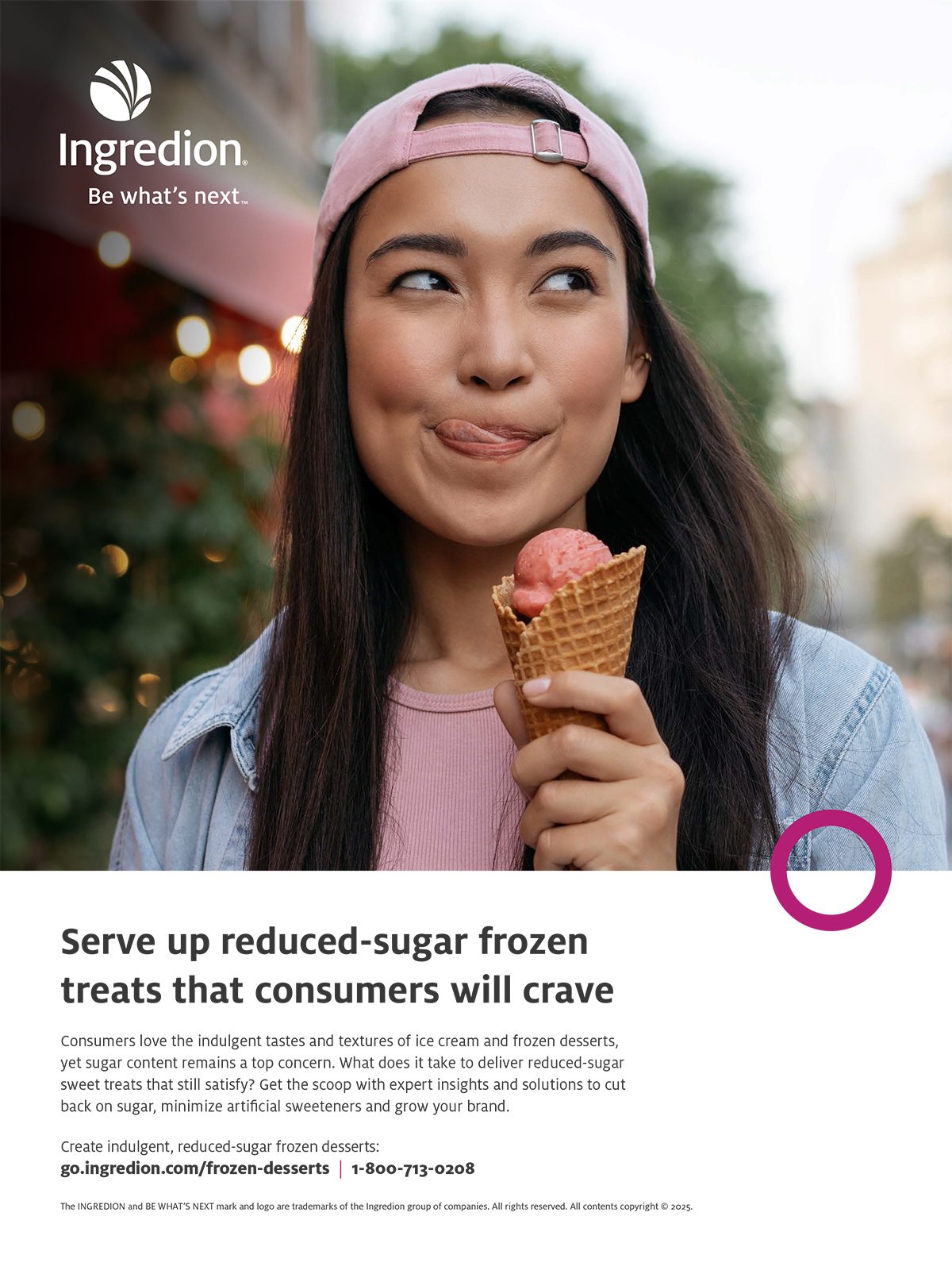 Playful woman with ice cream cone. Ingredion ad for reduced-sugar desserts.