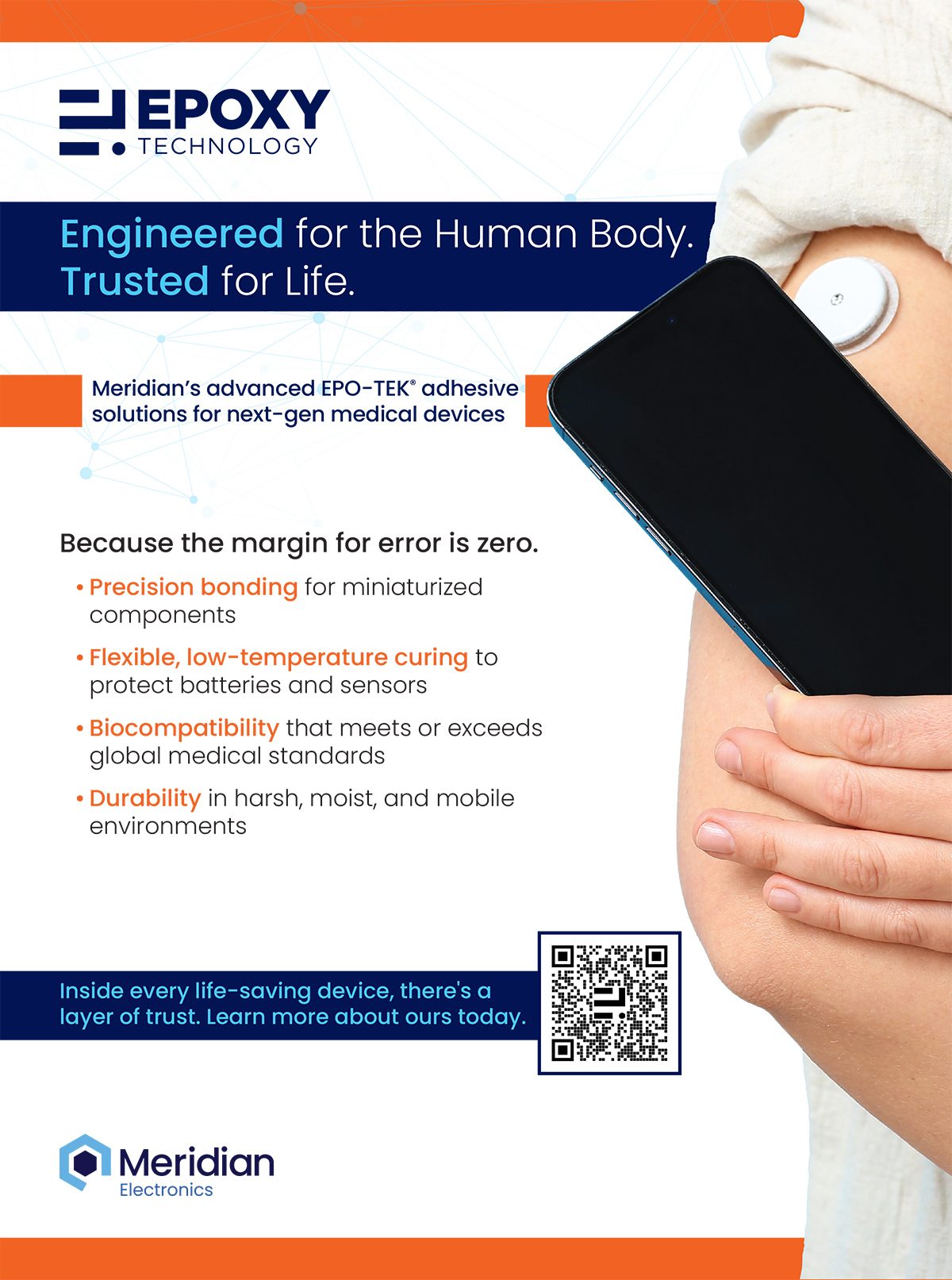 Advertisement for medical device adhesives by Epoxy Technology/Meridian: trusted for human body.