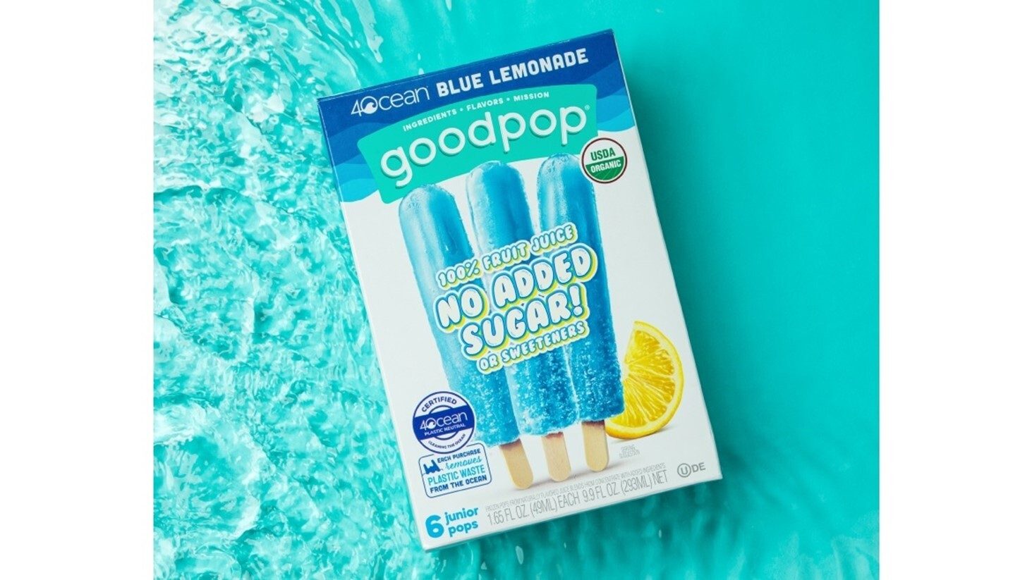 Box of Goodpop 4Ocean Blue Lemonade popsicles: 100% fruit juice, no added sugar, removes plastic.