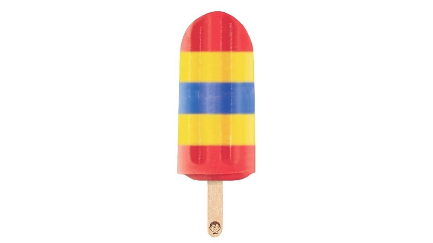 Red, yellow, and blue striped popsicle on a stick with a character logo.