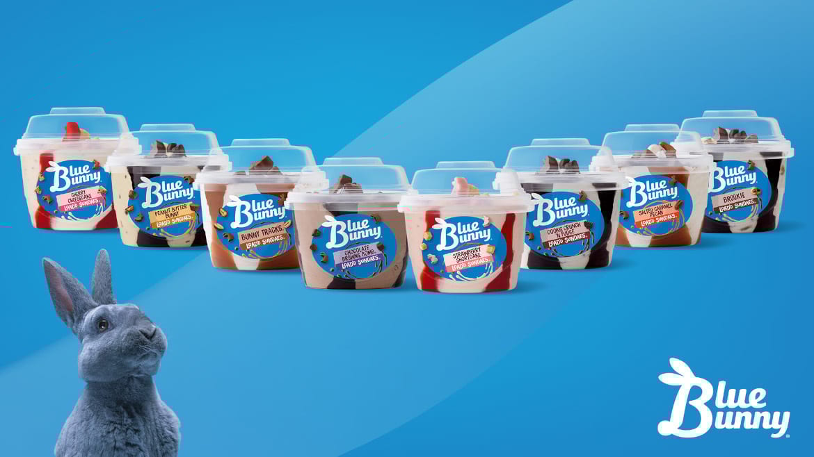 Eight Blue Bunny Loaded Sundaes in cups and a grey rabbit on a blue background.