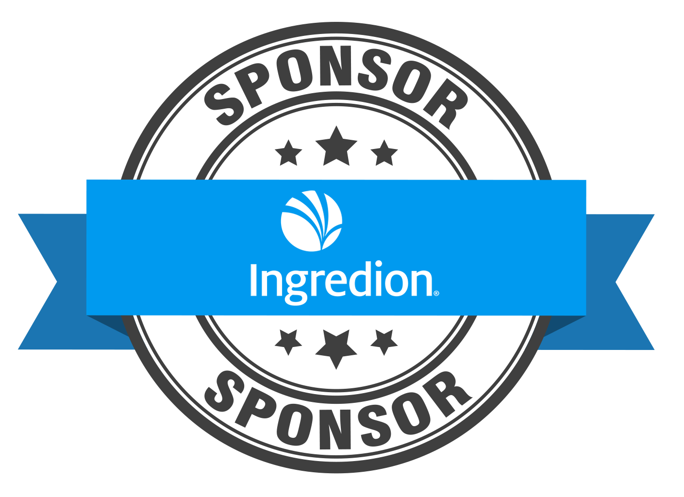 Ingredion logo on blue banner over grey circular "Sponsor" badge with stars.