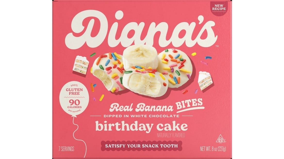 Diana's Birthday Cake Real Banana Bites box, white chocolate dipped with sprinkles.