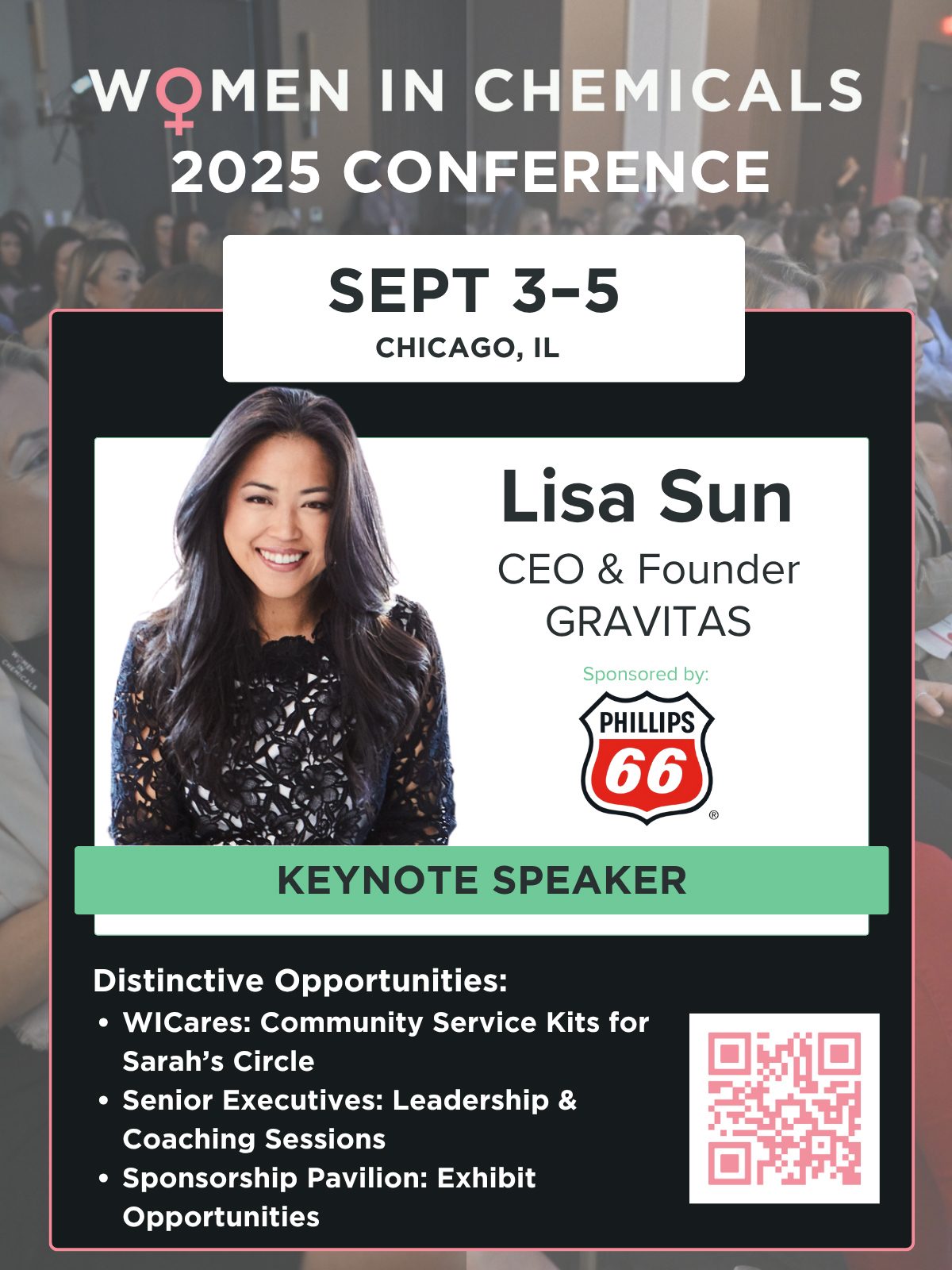 Women in Chemicals 2025 Conference poster: Sept 3-5 Chicago, Keynote Lisa Sun, Phillips 66.