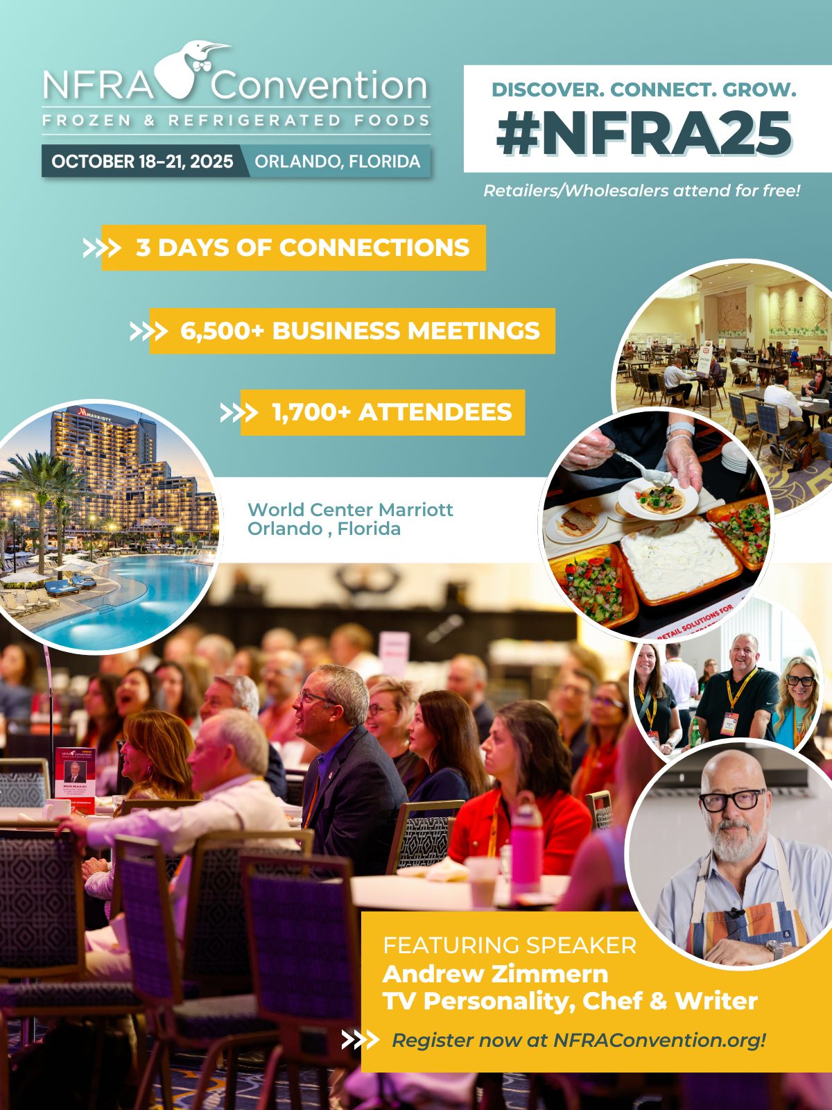 NFRA Convention 2025 poster: Frozen & Refrigerated Foods, Oct 18-21, Orlando. Feat. Andrew Zimmern.