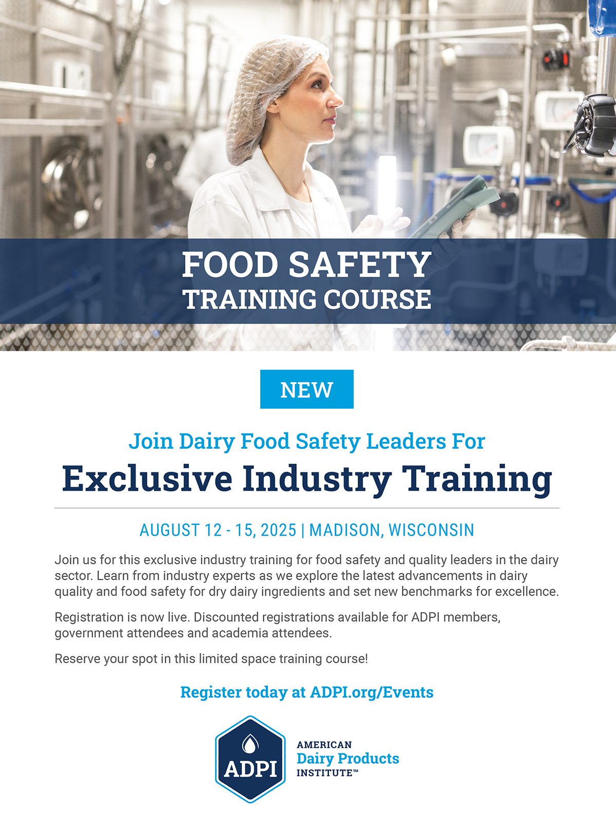 ADPI Dairy Food Safety Training Course ad with woman in a dairy plant. Aug 2025, Madison.