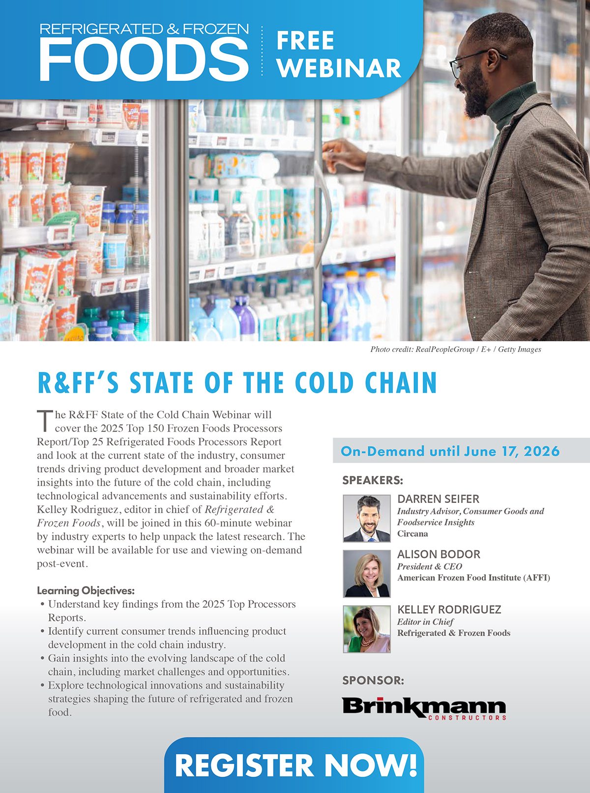 Advertisement for a webinar about the cold chain for refrigerated and frozen foods. Man opens a grocery fridge.