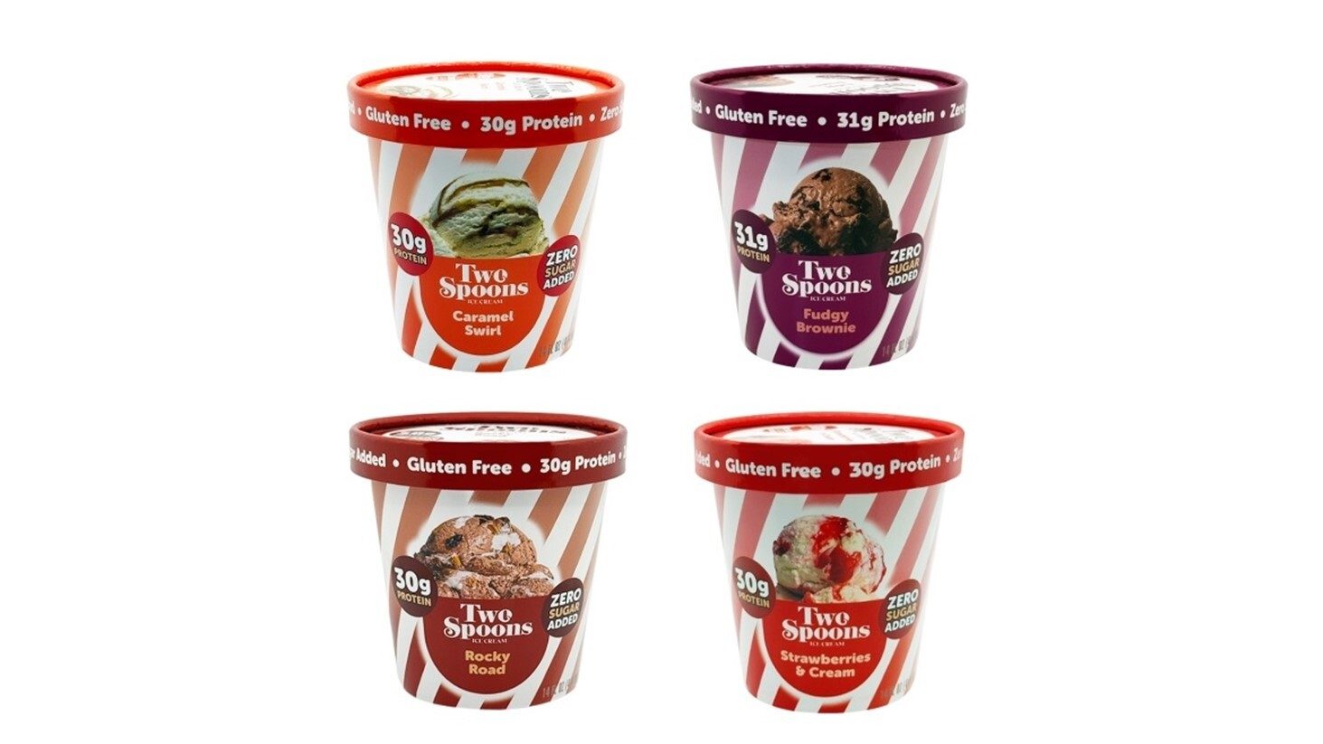 Four Two Spoons ice cream tubs: high-protein, gluten-free, zero sugar, various flavors.