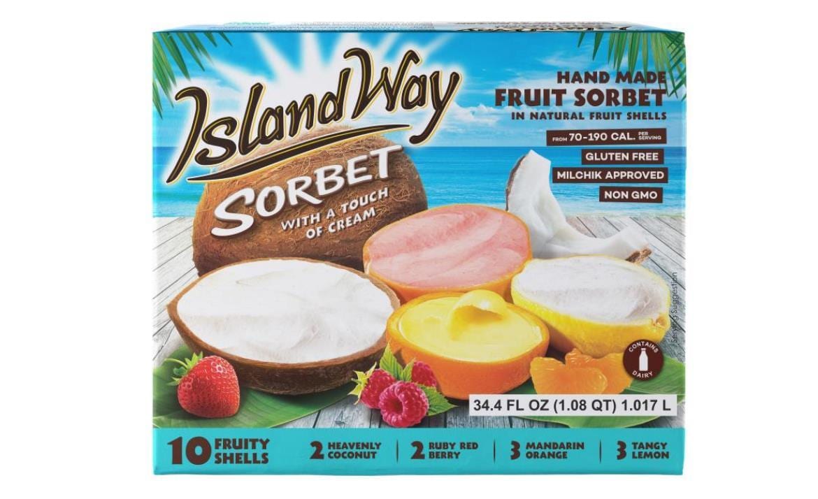 Island Way Sorbet box with 10 fruit-shelled sorbets: coconut, berry, orange, lemon flavors.