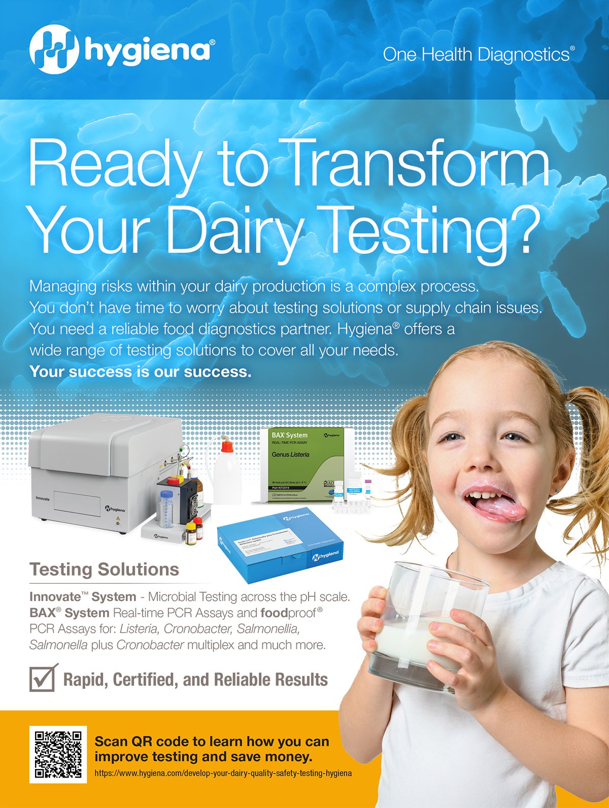 Hygiena ad: Dairy testing solutions. Features lab equipment, test kits, and a smiling child with milk.