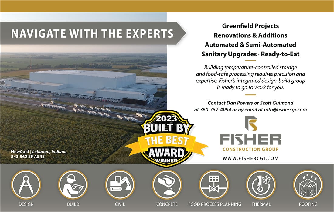 Ad for Fisher Construction Group, a 2023 award-winning construction company, with a large facility.