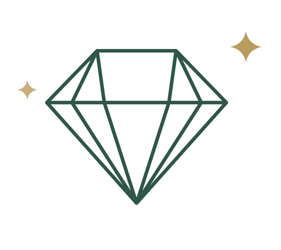Green outline diamond with two gold sparkles on a white background.