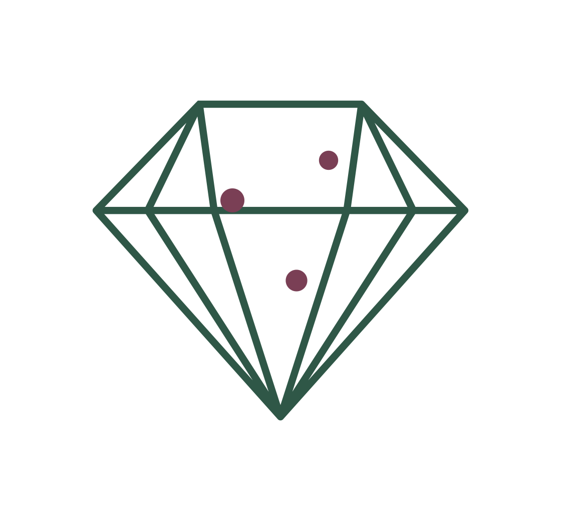 A green line art diamond icon with three small, dark red dots inside, one at the top left, one at the top right, and one in the lower middle.