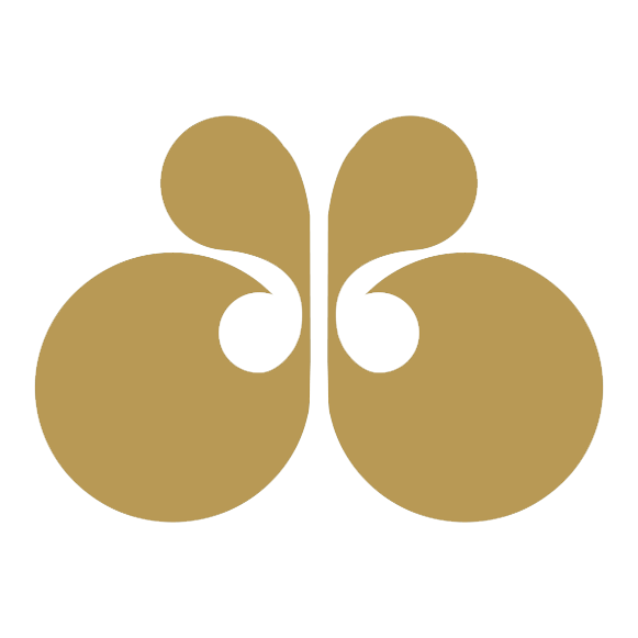 Gold abstract logo, symmetrical, resembling stylized letters 'db' or a butterfly shape.