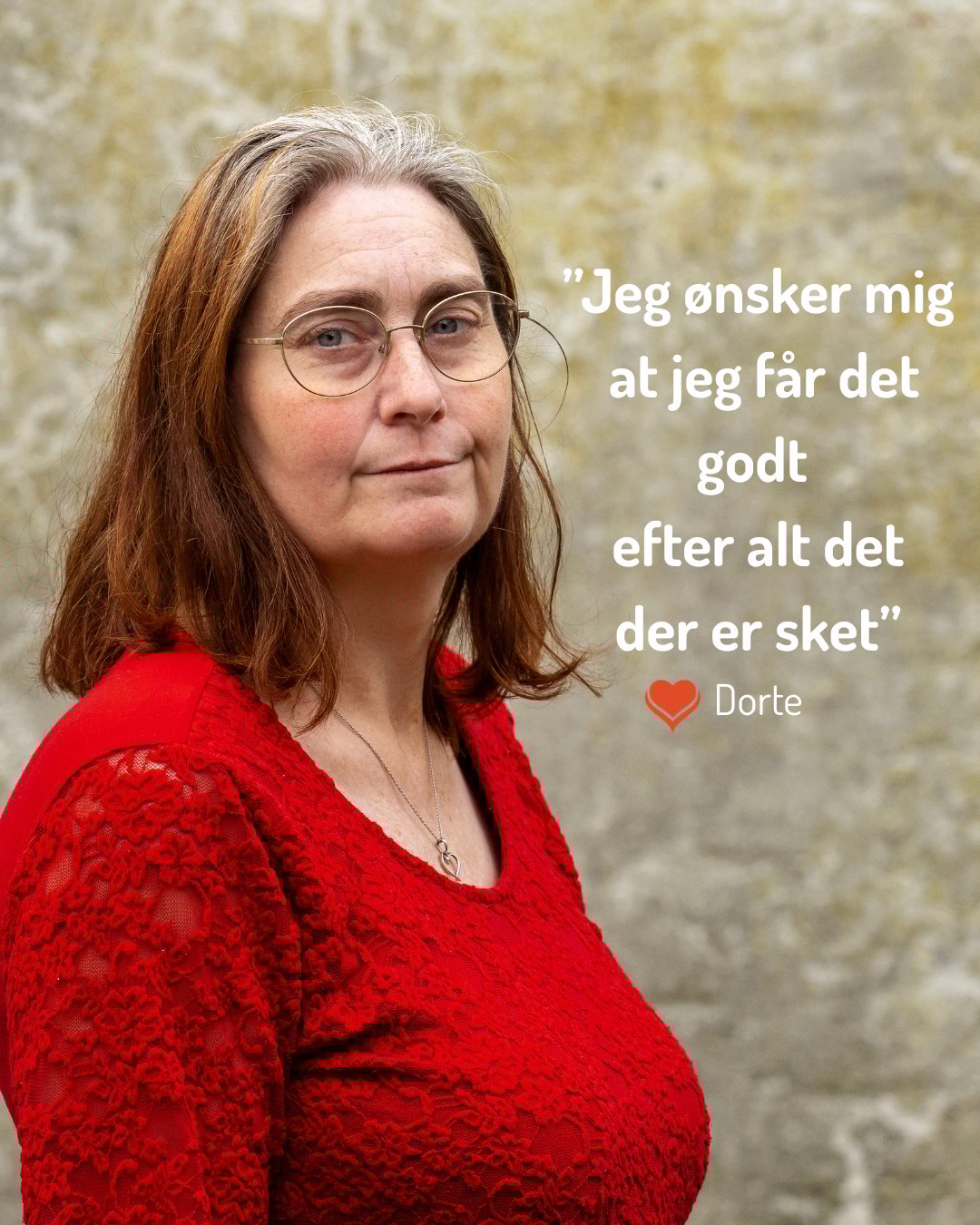 Portrait of Dorte, a woman in red, with a quote about hoping for well-being after past struggles.
