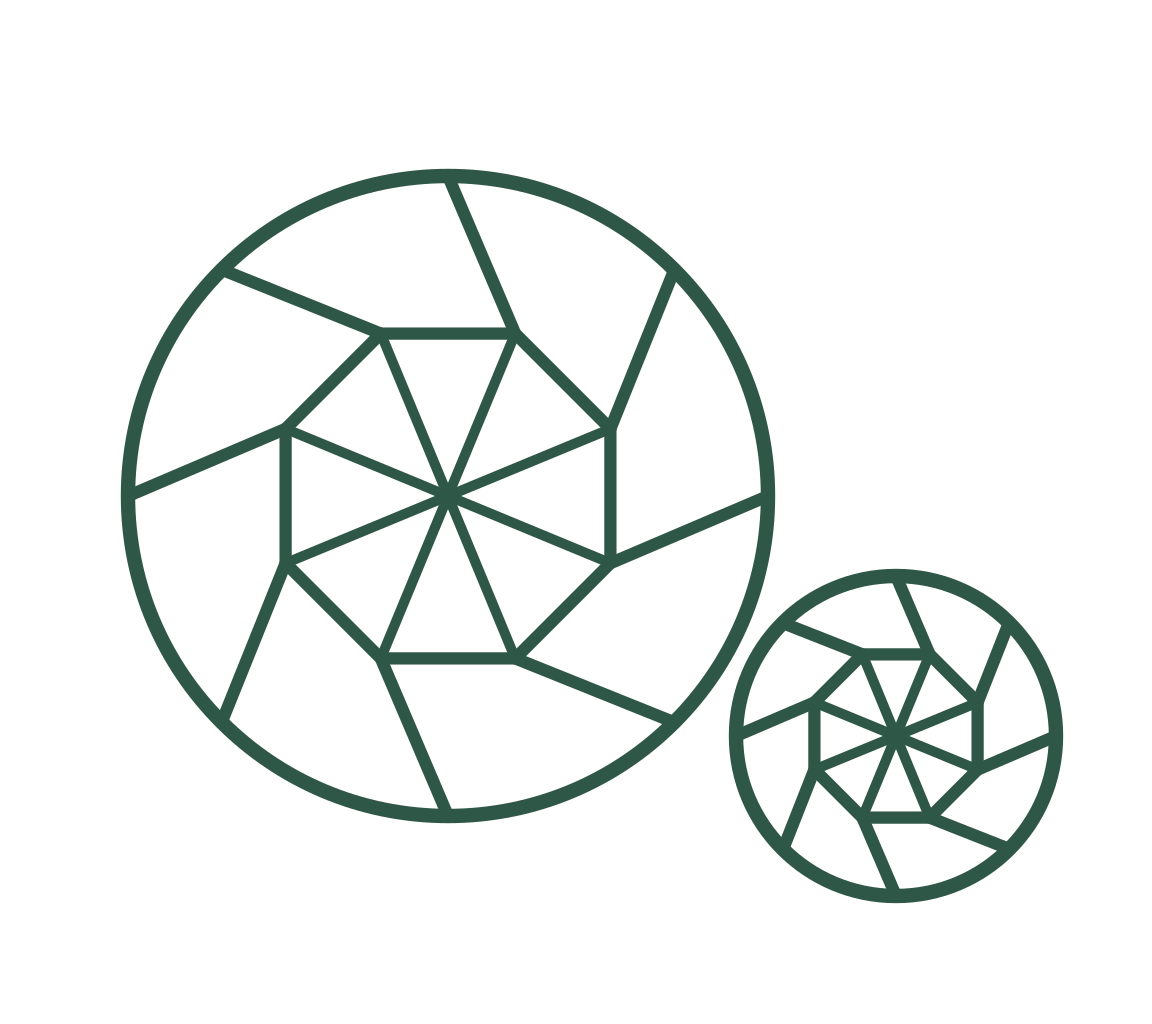 Two teal green circular geometric patterns resembling apertures or mandalas on a white background, one larger and one smaller.