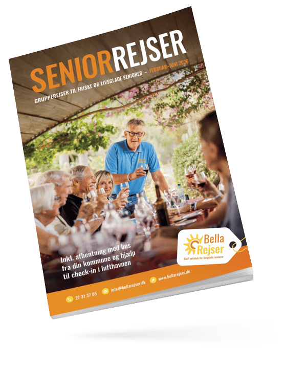 Brochure cover for "Seniorrejser" (Senior Travels) featuring seniors toasting wine.