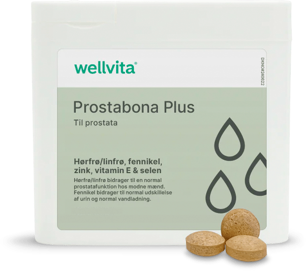 Wellvita Prostabona Plus supplement for prostate health with flaxseed, fennel, zinc, vitamin E & selenium, shown with three tablets.