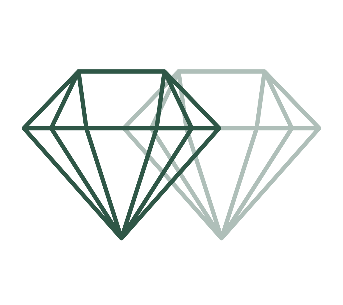 Two overlapping diamond outlines, one dark green and opaque, the other light green and semi-transparent.