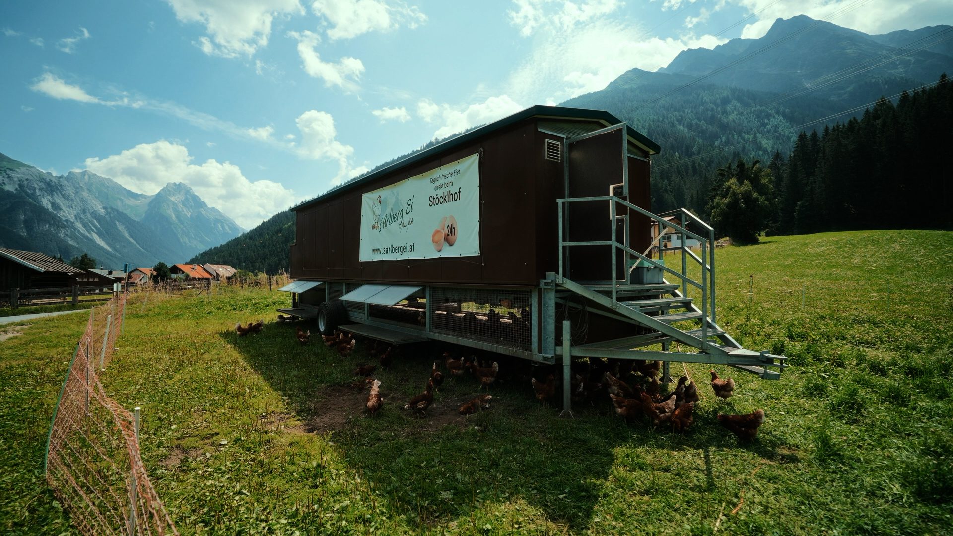 Mobile chicken coop with chickens in a grassy field, mountains in the background.