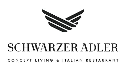 Black stylized wings logo with 'Schwarzer Adler' and 'Concept Living & Italian Restaurant' text on a white background.