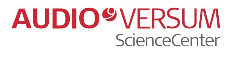 The logo for AUDIOVERSUM ScienceCenter, featuring 'AUDIOVERSUM' in red and 'ScienceCenter' below in gray.