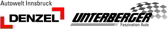 Autowelt Innsbruck. DENZEL logo with red L. UNTERBERGER Faszination Auto logo with checkered flag.