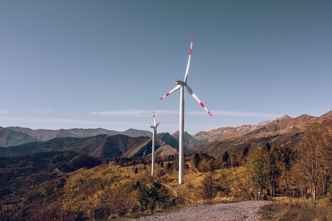 Wind farm, Natural landscape, Sky, Windmill, Ecoregion, Cloud, Mountain, Slope, Plant