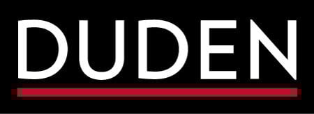DUDEN logo: white text on black background with red underline.