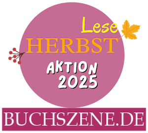 Magenta "Lese HERBST AKTION 2025" logo for Buchszene.de with autumn leaf & berries.